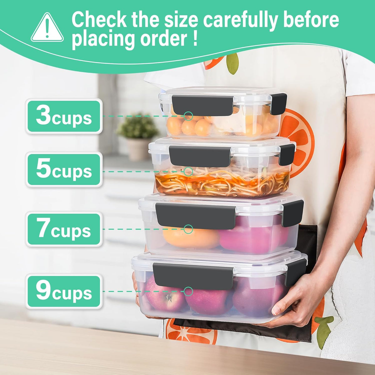 YORY 5 cup Plastic Food Storage Containers with Lids Nestable Freezer Dishwasher Safe Rectangle Meal Prep Container Set,5-Pack