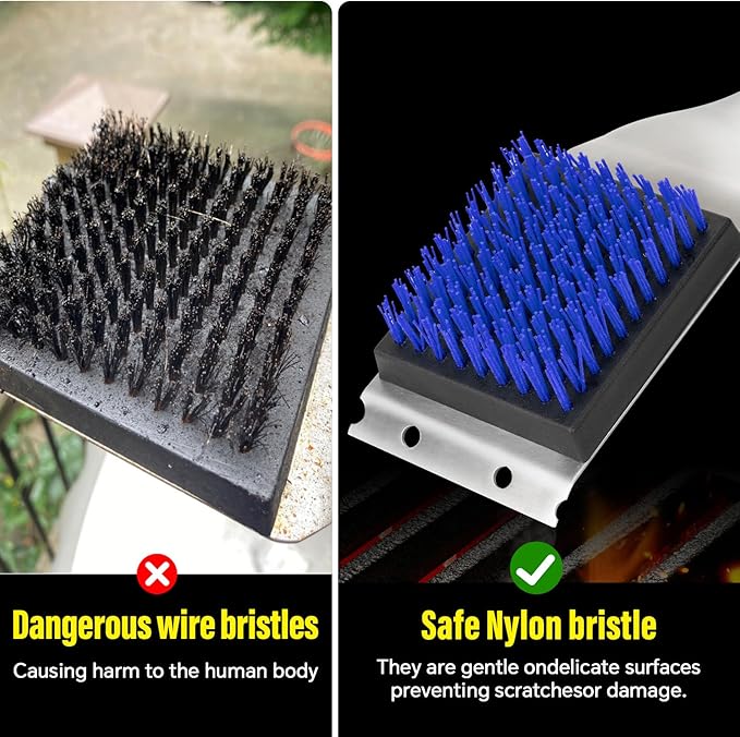 Grill Brush and Scraper, Dual Grip Design,Extra Strong BBQ Cleaner Accessories,Safe Nylon Bristles Barbecue Triple Scrubbers Cleaning Brush for Cast Iron Grates/Porcelain/Charcoal Grill