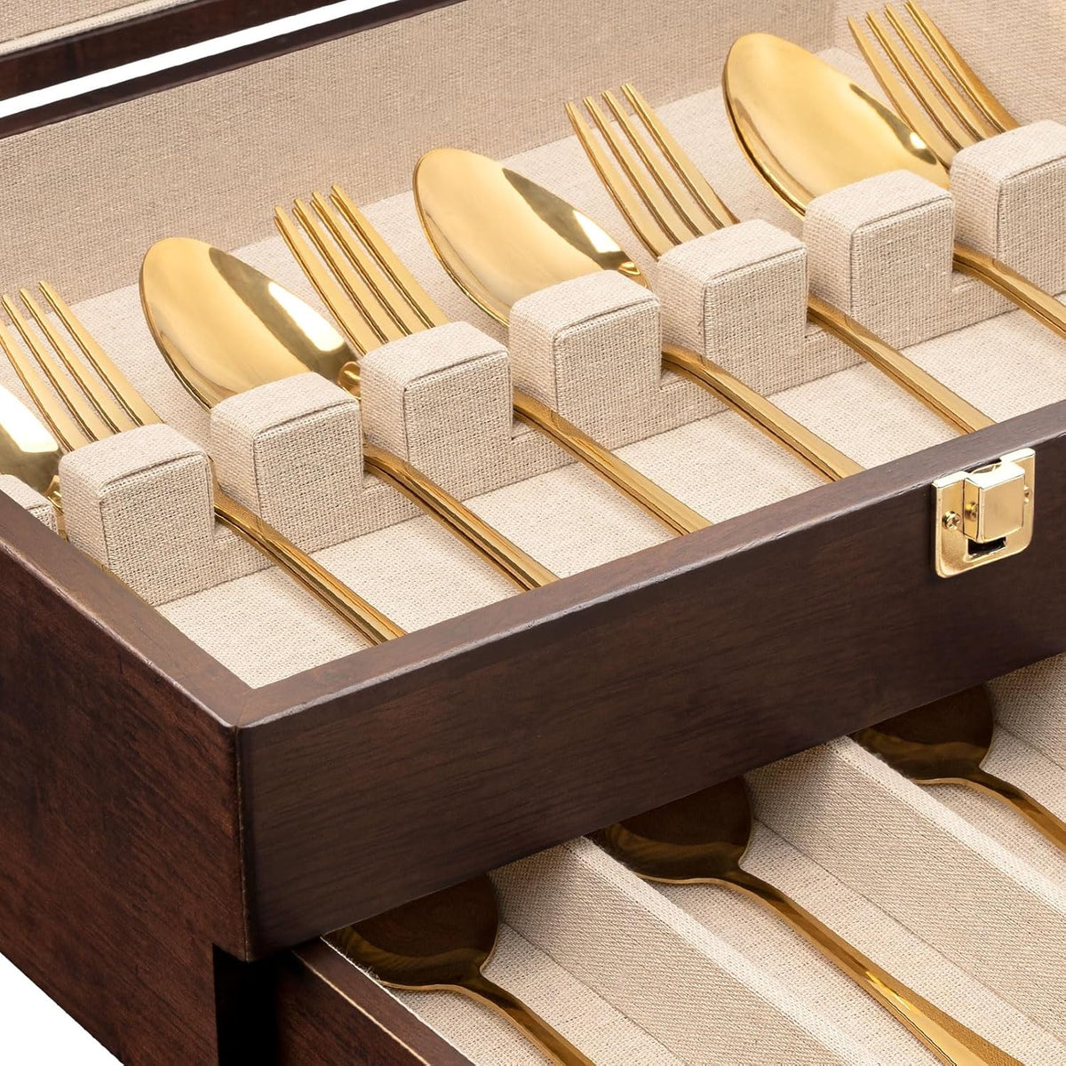 Silverware Storage Box, 2-Layer Flatware Storage Case with Drawer, Wooden Silverware Chest with Linen Liner, Rustic Silverware Case for Storing Fine Flatware and Utensils (Walnut)