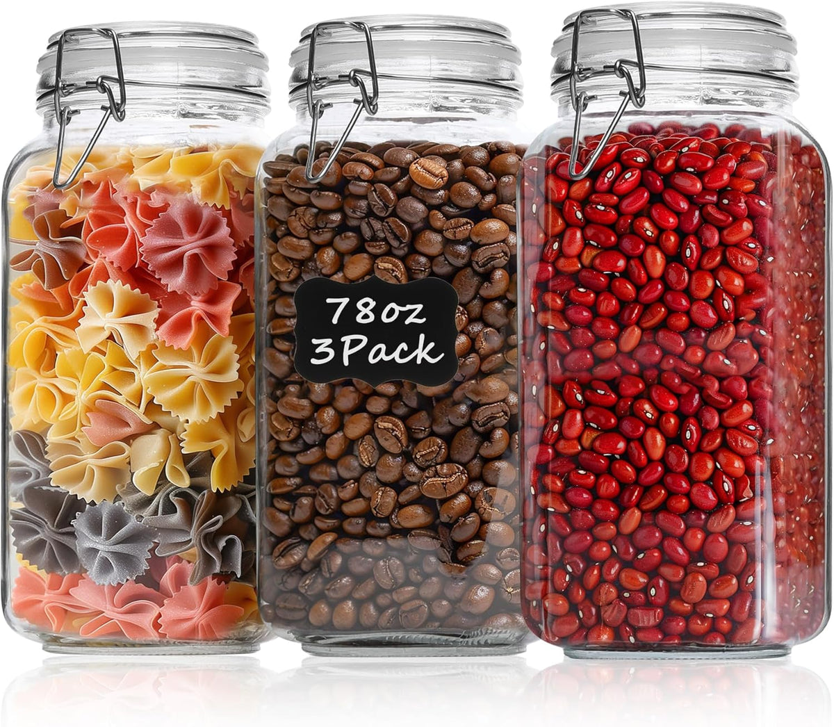 ComSaf Airtight Glass Canister Set of 3 with Lids 78oz Food Storage Jar Square - Storage Container with Clear Preserving Seal Wire Clip Fastening for Kitchen Canning Flour, Cereal, Pasta, Sugar, Beans