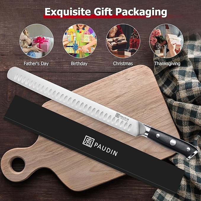 PAUDIN Carving Knife, 12 Inch Brisket Knife, Premium Slicing Knives with Granton Blade for Cutting Smoked Brisket, BBQ Meat, Turkey - Ergonomic G10 Handle
