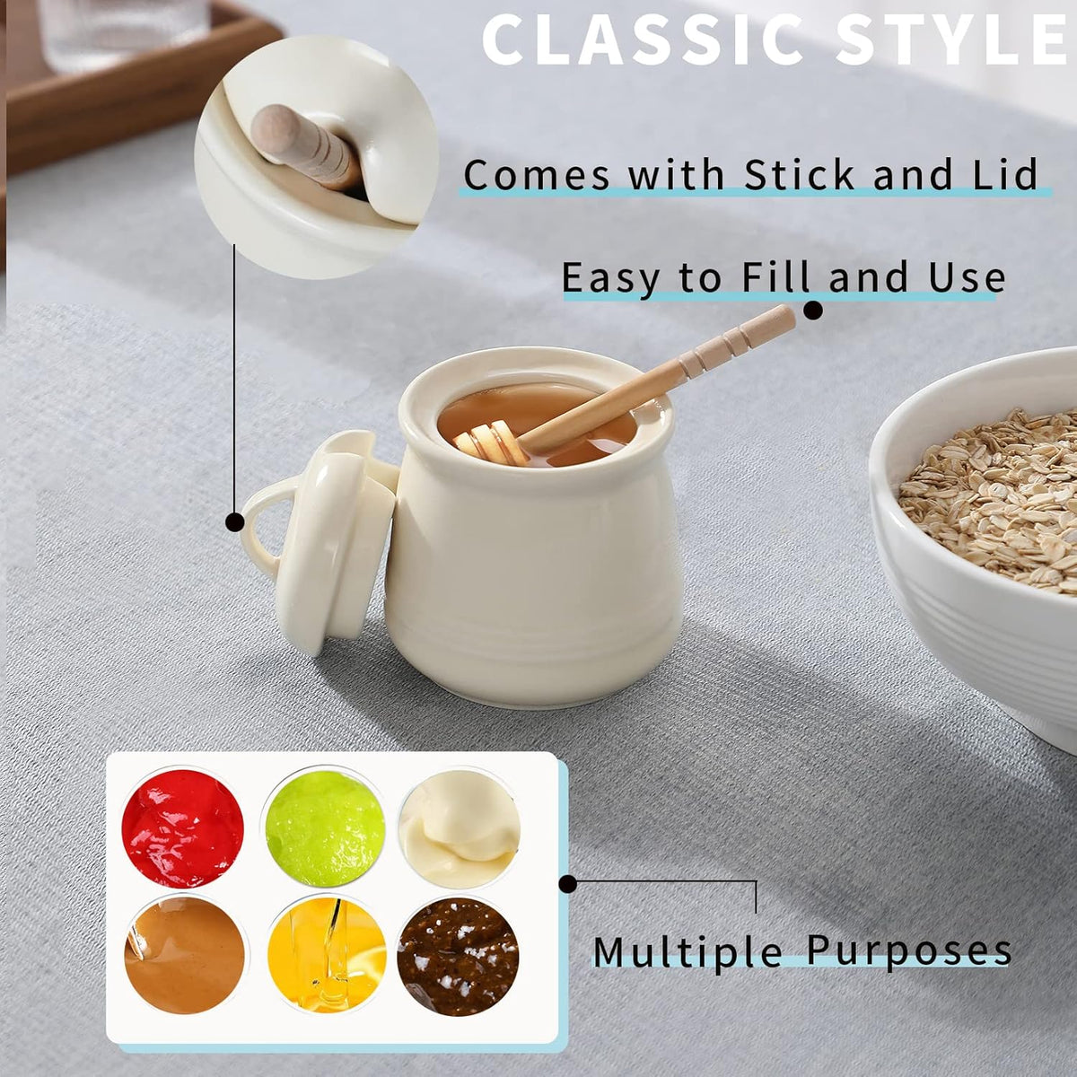 HAOTOP Ceramic Honey pot with Lid and Honey Dipper,Porcelain Honey Jar Easy to Clean and Dishwasher Safe,12oz (Beige)