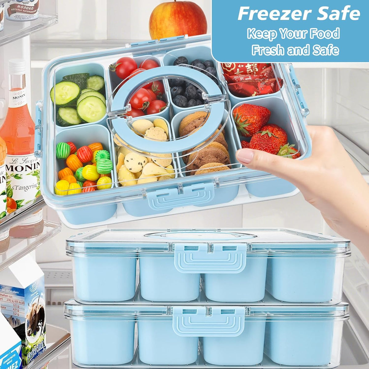 shopwithgreen 2Pcs Snackle Box Container, Divided Serving Tray with Lid and Handle, Snack Box Container Food Platter Charcuterie for Party, Veggies, Snack, Fruit, Nuts, Entertaining, Picnic,Blue