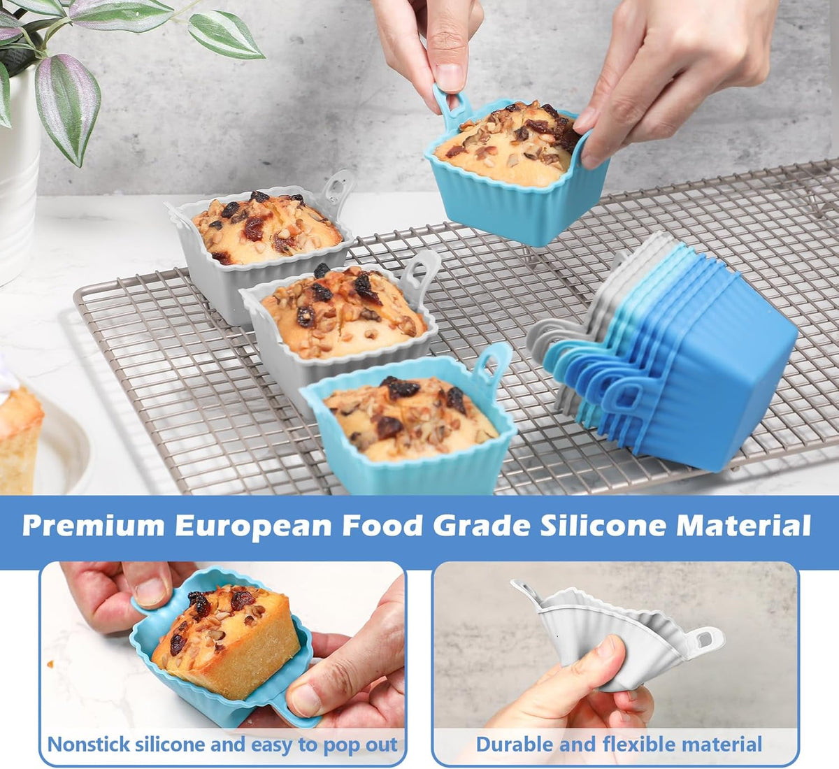 Koluti Reusable Silicone Baking Cups Set of 12, Nonstick Muffin Cupcakes Mold with Double Handle, BPA Free, Mini Square Air Fryer Cupcake Liners, 3 Colors