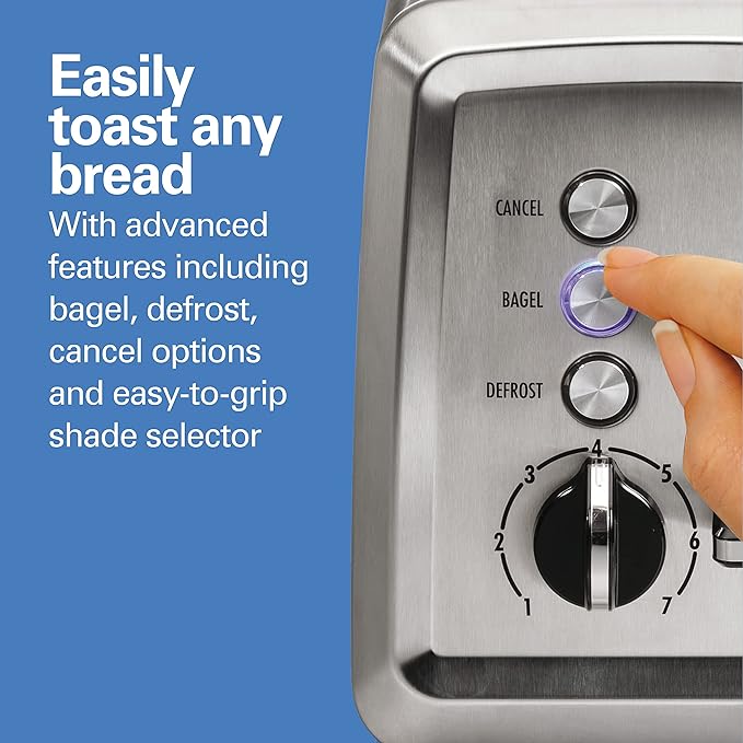 Hamilton Beach 2 Slice Toaster with Extra-Wide Slots, Bagel Setting, Toast Boost, Slide-Out Crumb Tray, Auto-Shutoff & Cancel Button, Defrost Function, Stainless Steel (22794)