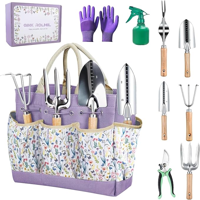 Garden Tools Set 9-Piece, Heavy Duty Stainless Steel Garden Hand Tools with Floral Tote Bag - Rust-Proof Garden Tools for Gardening, Gardening Gifts for Women Mom