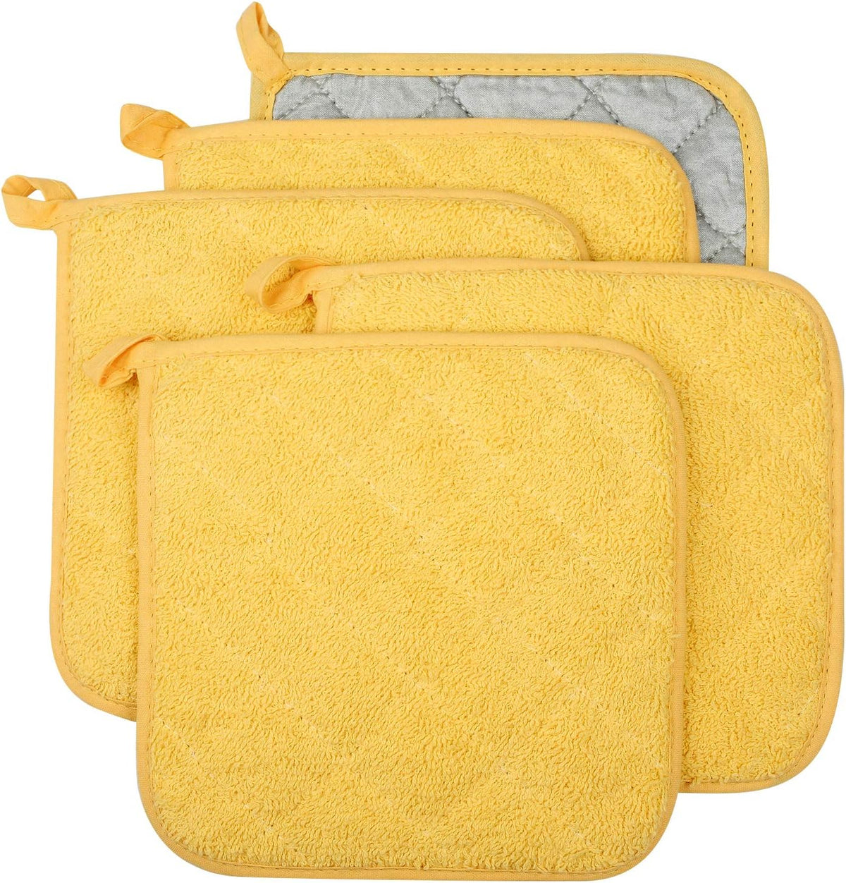 100% Cotton Kitchen Everyday Basic Terry Pot Holder Heat Resistant Coaster Potholder for Cooking and Baking Set of 5 Yellow