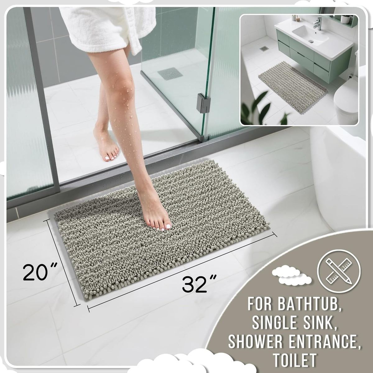 Yimobra Bathroom Rugs Non Slip Washable 32x20 Inch - Ultra Soft Absorbent Chenille Bath Mat, Quick Dry Shaggy Floor Carpet for Tub Shower, Sand Home Decor Accessories