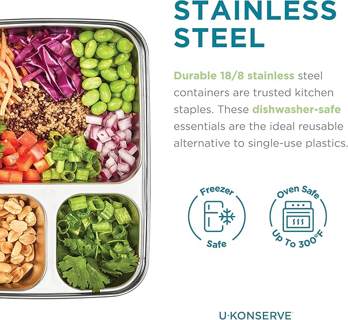 U Konserve Stainless Steel Rectangle Divided 3 Section Food Storage Bento Box Container, Leak Proof Silicone Lid Dishwasher Safe - Plastic Free, (24oz Cosmic Blue)