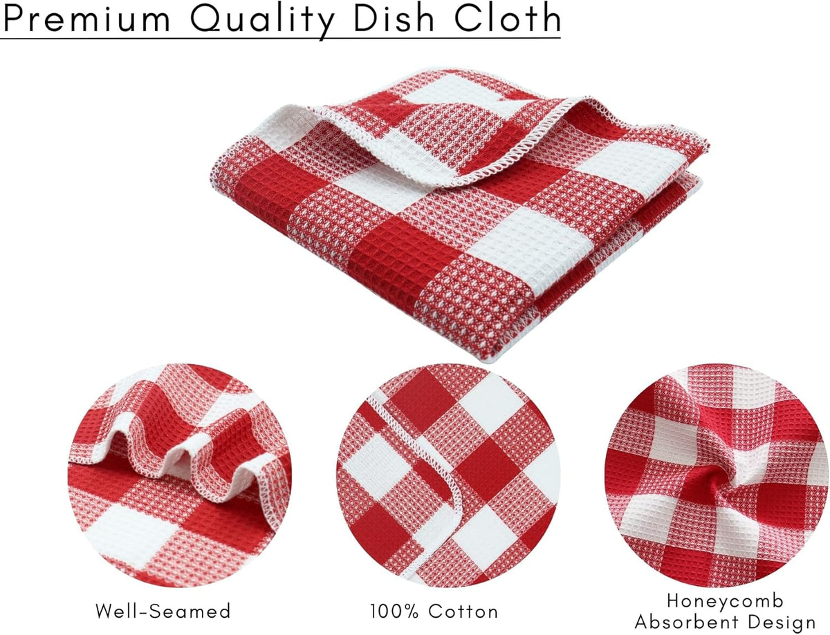 PurpleEssences Waffle Weave Plaid Dish Cloths, 100% Cotton - 12 x 12 Inches, Ultra Soft Absorbent Quick Drying Dish Towels Buffalo Check Dish Rags for Kitchen, 6 Pack - Spring Summer - Red and White