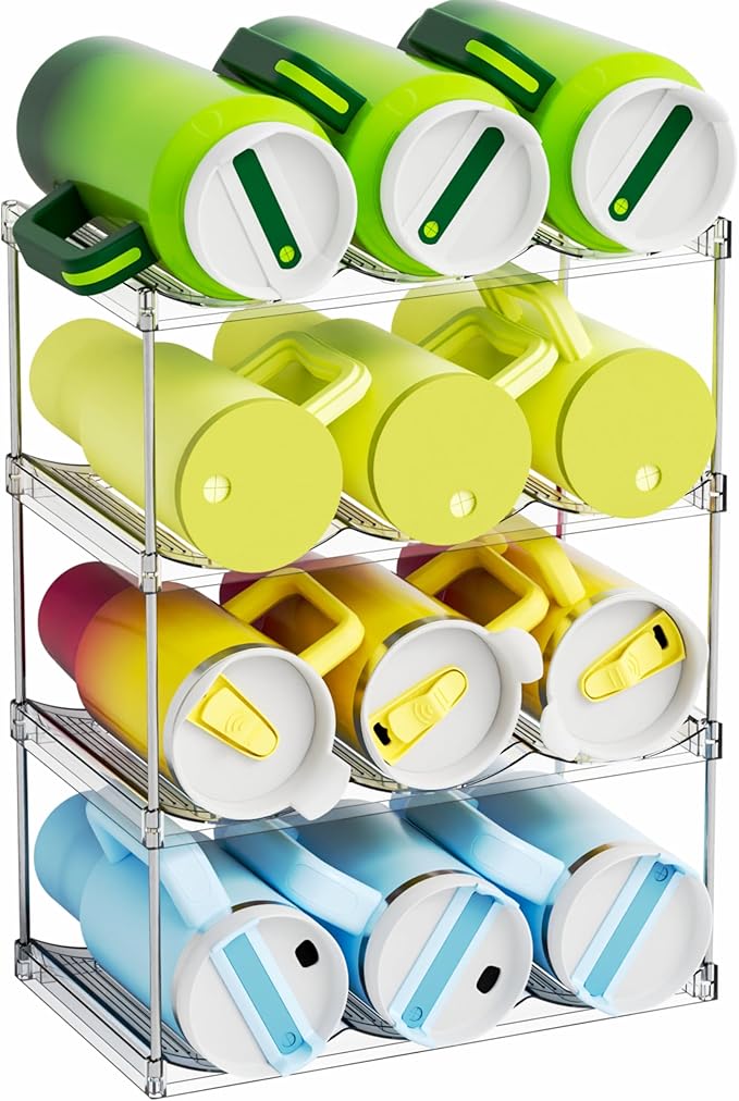 Yieach Larger Compartments Stackable Water Bottle Organizer for 40 oz Stanley Cup Holder,Yeti and Other Tumbler Organizer,4 Tier Wine Rack and Waterbottle Storage Rack for Kitchen Cabinets,Countertop