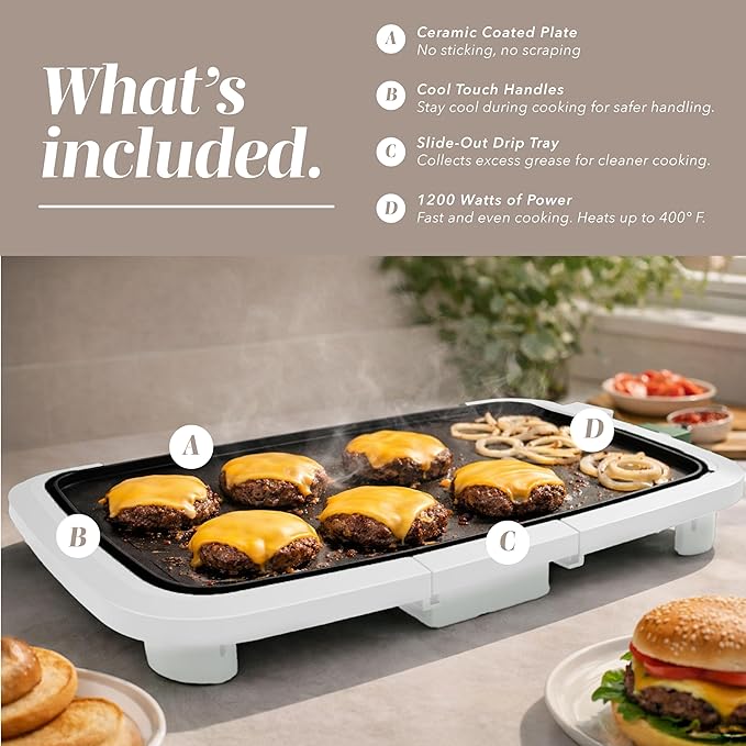COOK WITH COLOR Electric Griddle 1200W, Nonstick Surface for Pancakes, Burgers, Eggs & More, Removable Temperature Control, Slide-Out Drip Tray, 10" x 16" Cooking Area, Cream