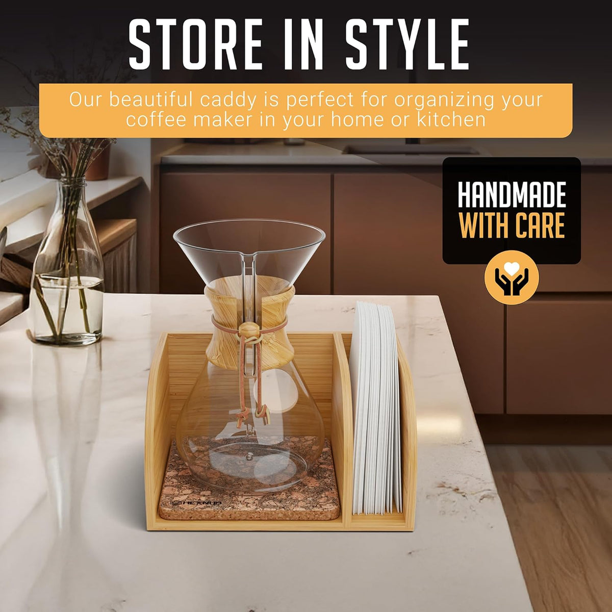 HEXNUB – Caddy for Pour Over Coffee Maker, Bamboo Stand fits Chemex, Bodum, Cosori Coffee Carafes, Heatproof Mat, Filter Holder for Drip Coffee Maker - Cork Mat