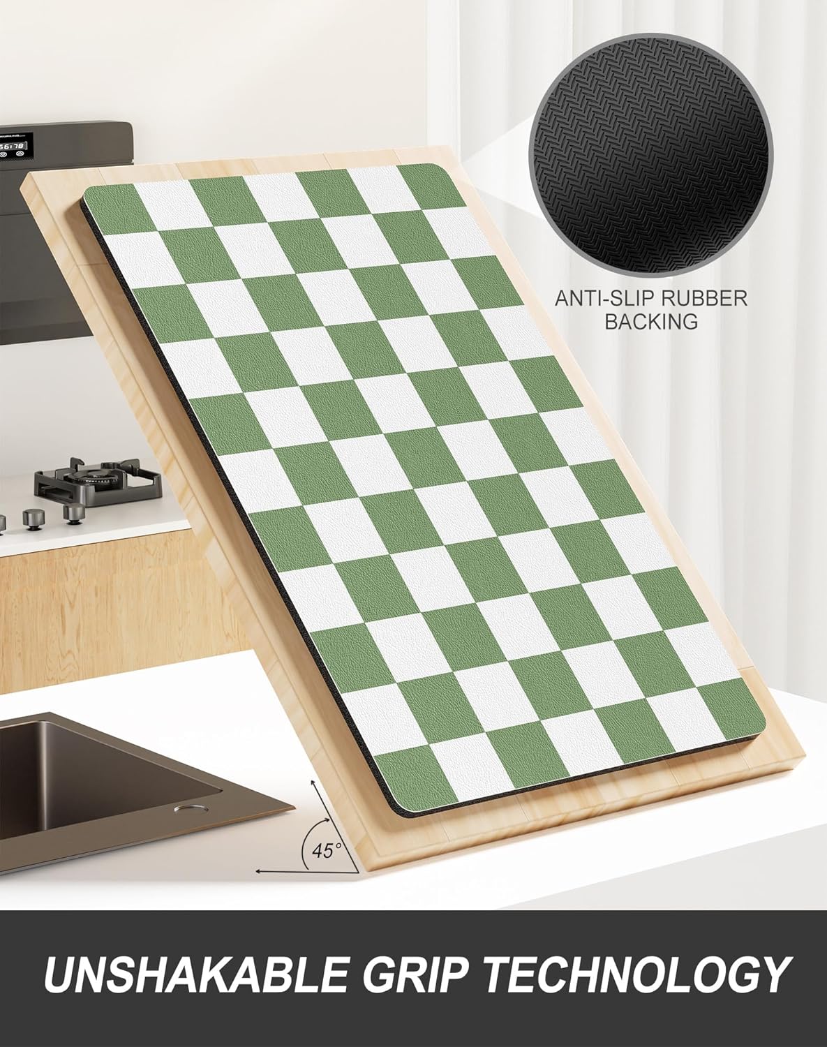 Rnivvi Dish Drying Mat for Kitchen Counter, XL 15 x 24" Cute Checkered Absorbent Draining Pad, Non-Slip Heat Resistant Coffee Bar Mat for Coffee Machine Station Accessories, Green White Dish Rack Pad