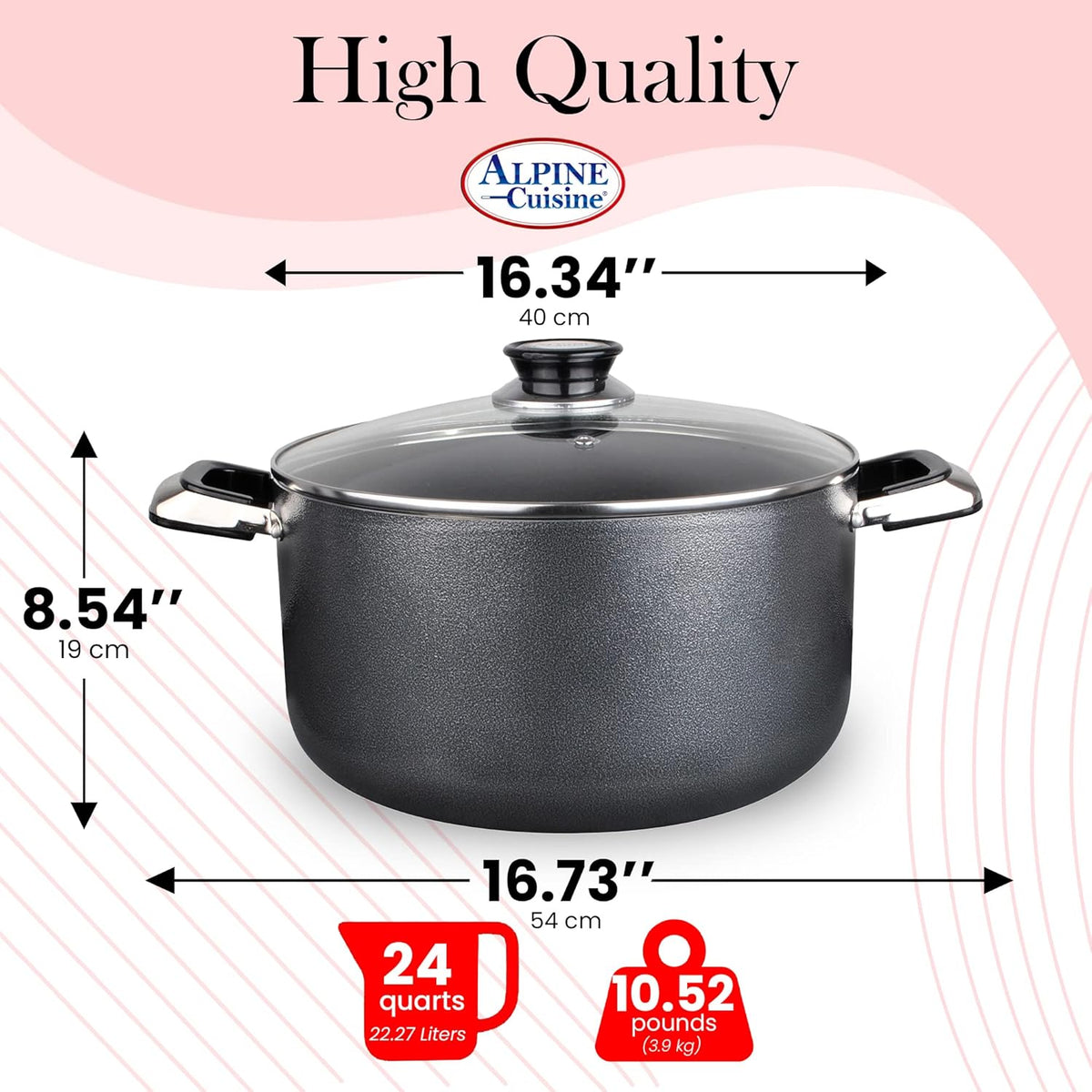 Alpine Cuisine 24 Quart Non-stick Stock Pot with Tempered Glass Lid and Carrying Handles, Multi-Purpose Cookware Aluminum Dutch Oven for Braising, Boiling, Stewing