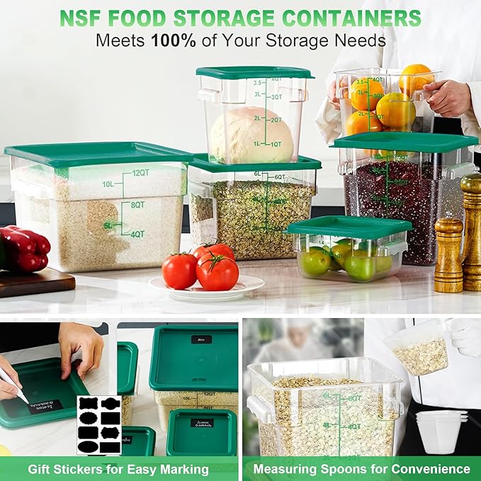 4QT NSF Food Storage Containers with Lids: 4 PCS [Total Food Grade][Hot&Cold Resistant] Commercial Clear Food Storage Containers for Restaurant Kitchen Proof Dough, Measuring Spoons Included(Green)