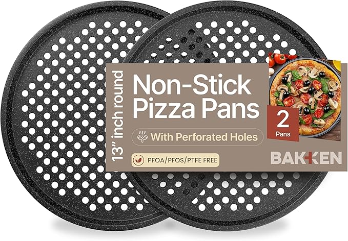 Bakken Pizza Baking Pan - Round Perforated Carbon Steel Pan with Non-Stick Marble Coating, Oversized Silicone Handle, Dishwasher Safe, High-Temperature Resistant, Durable & Easy Cleanup Gray, 2 Pack