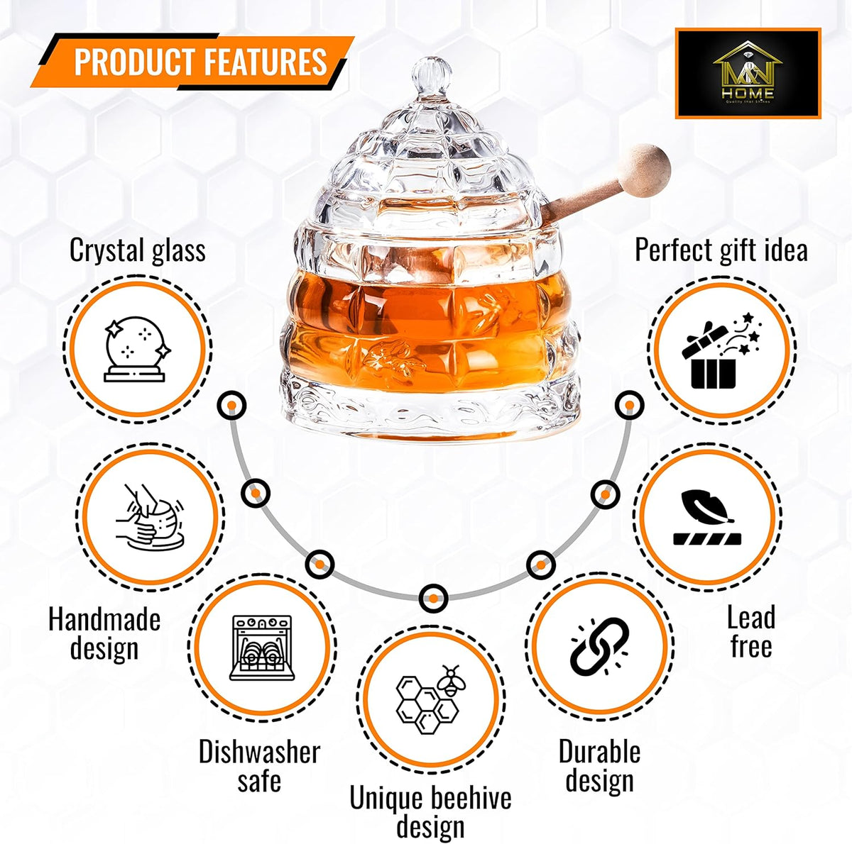 M&N HOME Honey Dish with 3 Dippers, Honey Jar, Large Glass Honey Pot storage with Lid and Inscribed Wooden Honey Dippers, Glass Honey Dispenser Thank You Gift,