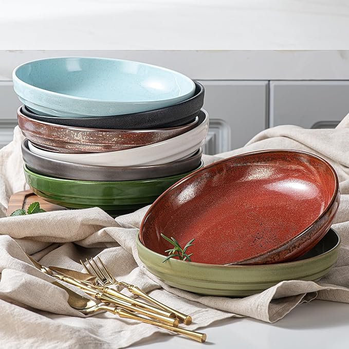 HAPPY KIT 9'' Large Pasta Bowls Stoneware Reactive Glaze, 42 Oz Large Salad Bowls Set of 4, Serving Bowls, Microwave Dishwasher Safe, Matte Black