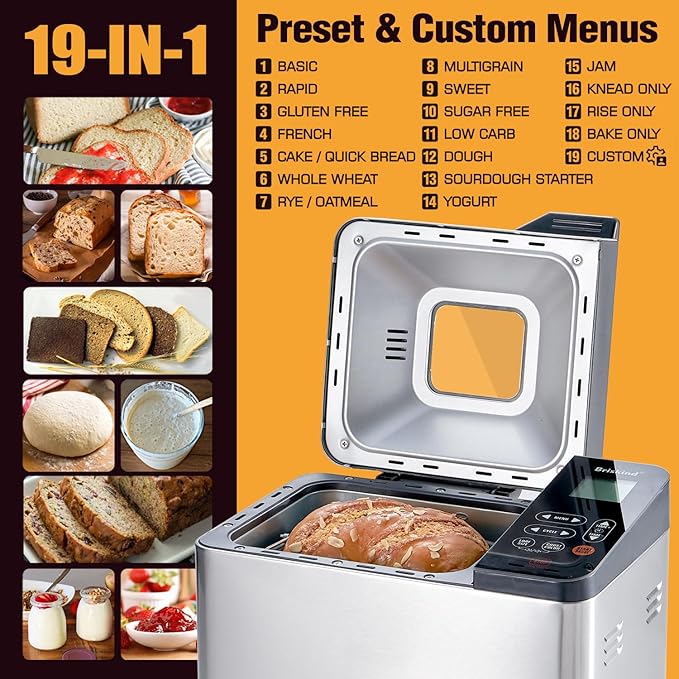 Briskind Bread Maker Machine with Ceramic Nonstick Pan, 19 Menus, 2 Pound Stainless Steel Breadmaker with Glass Touch Panel, Gluten Free, Sourdough Starter, Custom Setting, 3 Loaf Sizes & Crust Colors