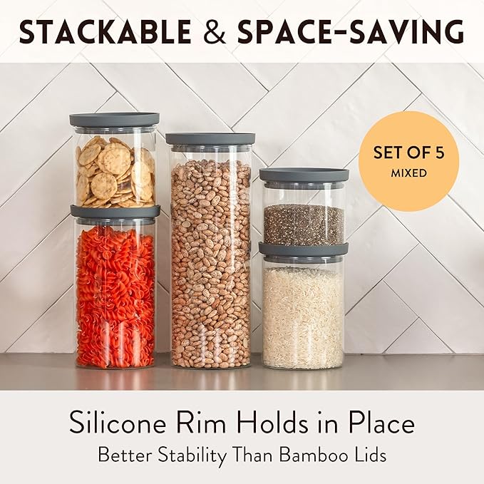 Glass Airtight Food Storage Containers with Silicone and Glass Lids – BPA-Free Jars and Canisters for Pasta Rice Flour, Dry or Wet Foods, Pantry Meal Prep – Set of 5 with Portion Tool