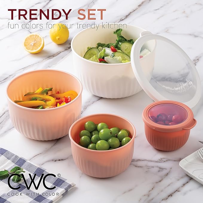 COOK WITH COLOR Prep Bowls with Lids- Wide and Deep Nesting Plastic Small Mixing Bowl Set with Lids, 12 Piece Set - Deep Bowls, Grey/Pink