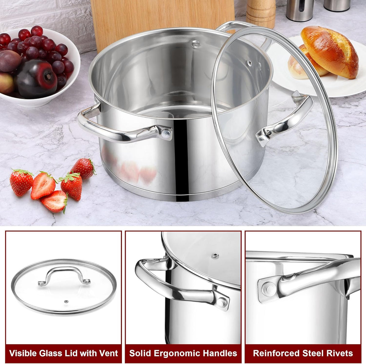 LIANYU 6 QT Stainless Steel Stock Pot, Kitchen Tri-ply Base Cooking Soup Pot with Glass Lid, Heavy Duty Non-toxic Cookware for Meal, Compatible with Induction Cooktop Electric Stove, Dishwasher Safe