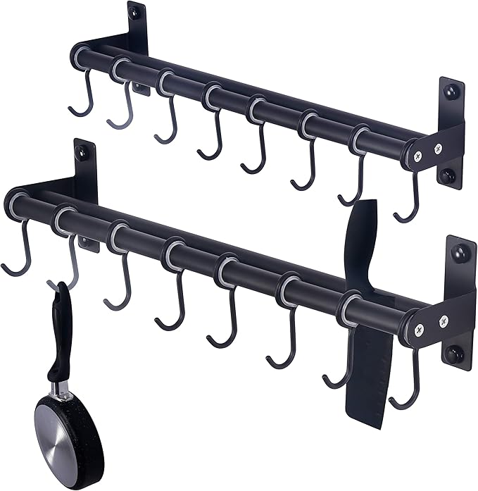 Dseap Pot Rack - Pots and Pans Hanging Rack Rail with 8 Hooks, Double Bars, Pot Hangers for Kitchen, Wall Mounted, Black, Pack of 2