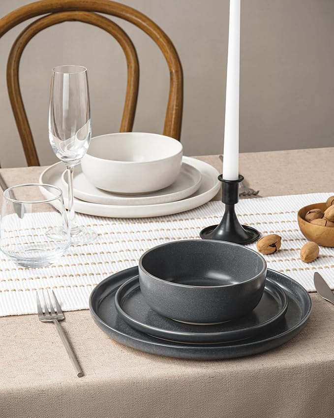 Famiware Milkyway Plates and Bowls Sets, 12 Pieces Dinnerware Sets, Reactive Glaze Dish Set, Stoneware Dishes Set for 4, Matte Beige White & Matte Dark Charcoal