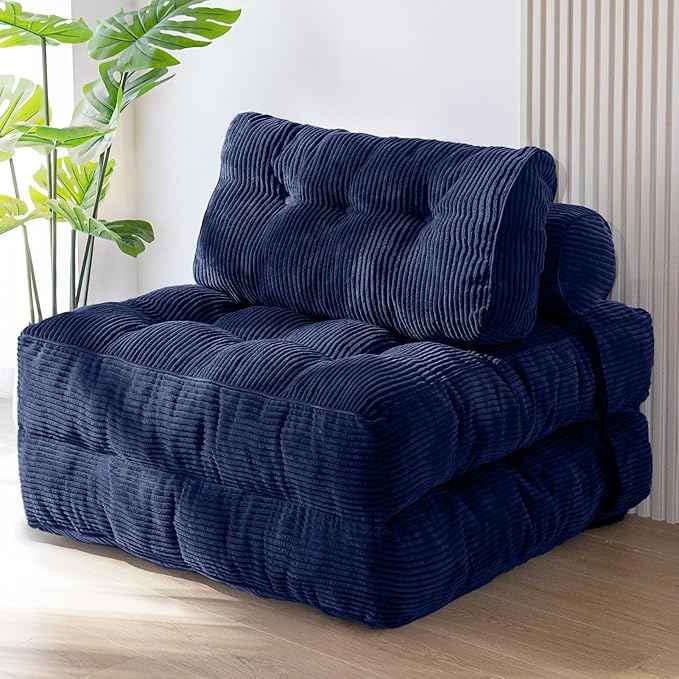 MAXYOYO Folding Sofa Bed, Convertible Sleeper Chair with Pillow Foldable Matress with Back Support, Portable Fold Out Chair Bed Comfy Floor Sofa Lounge for Living Room Bedroom, Navy, Single