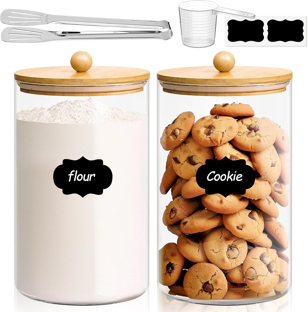 ComSaf 1 Gallon 2PCS flour sugar storage containers, Large Cookie Jar with lid, Glass Canisters with Lids, 128 OZ Food Storage Pantry Container with Spoon and Clip for Pasta, Oat, Baking Supplies
