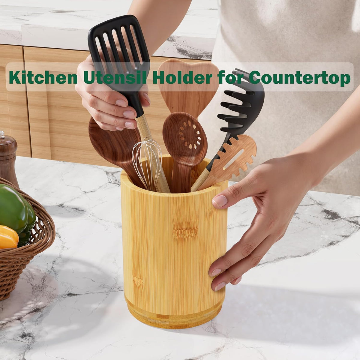 Bamboo Utensil Holder, Kitchen Utensil Holder for Countertop, 360°Rotating Cooking Utensil Crock for Kitchen Counter, 7.2" Large Utensil Organizer for Spatula