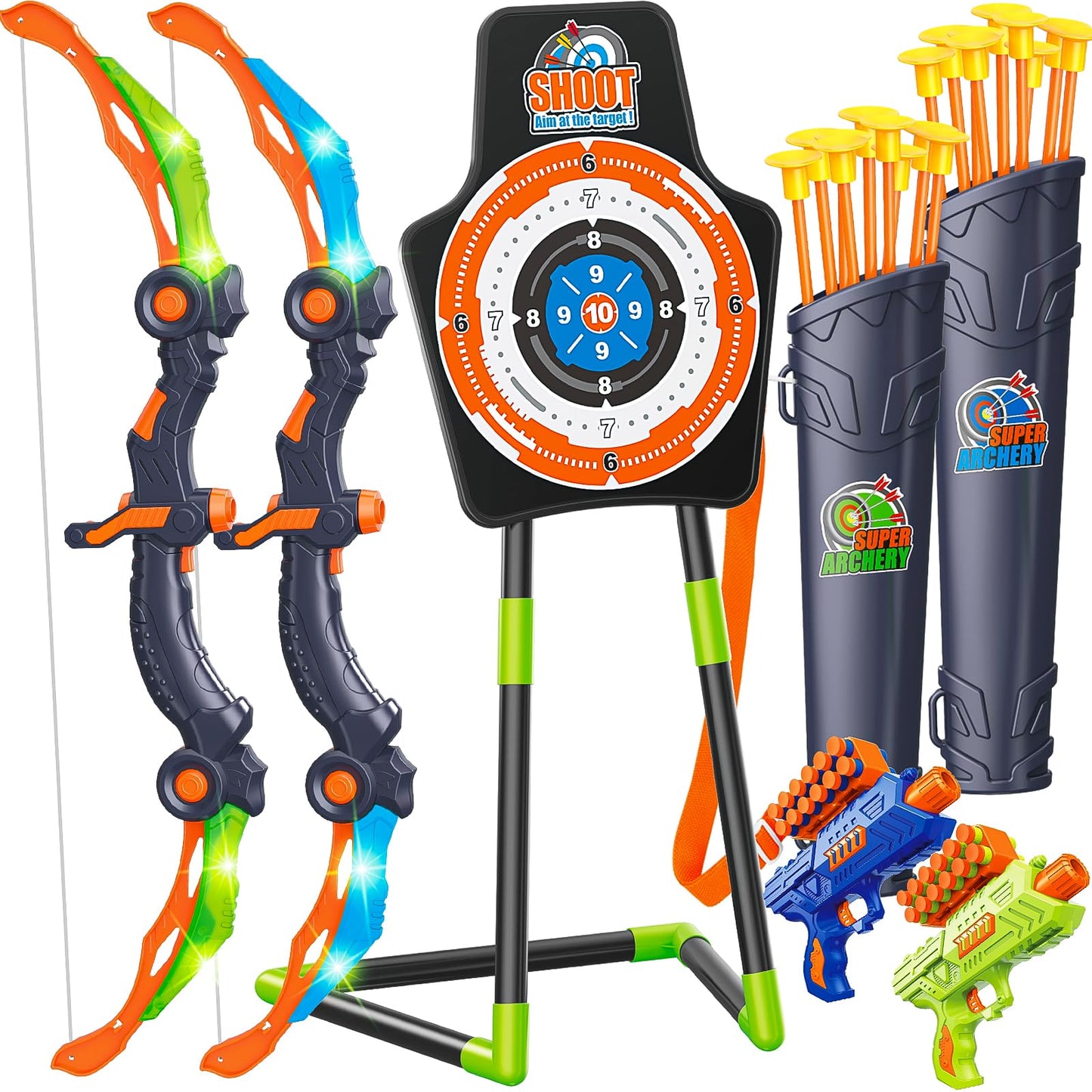 GMAOPHY Bow and Arrow for 5 6 7 8 9 10 11+ Year Old Boys, Birthday Gift for Kids, Indoor Outdoor Activity Toys, 2 Pack LED Light Up Archery Toy with 20 Suction Cup Arrows, Standing Target, 2 Quiver