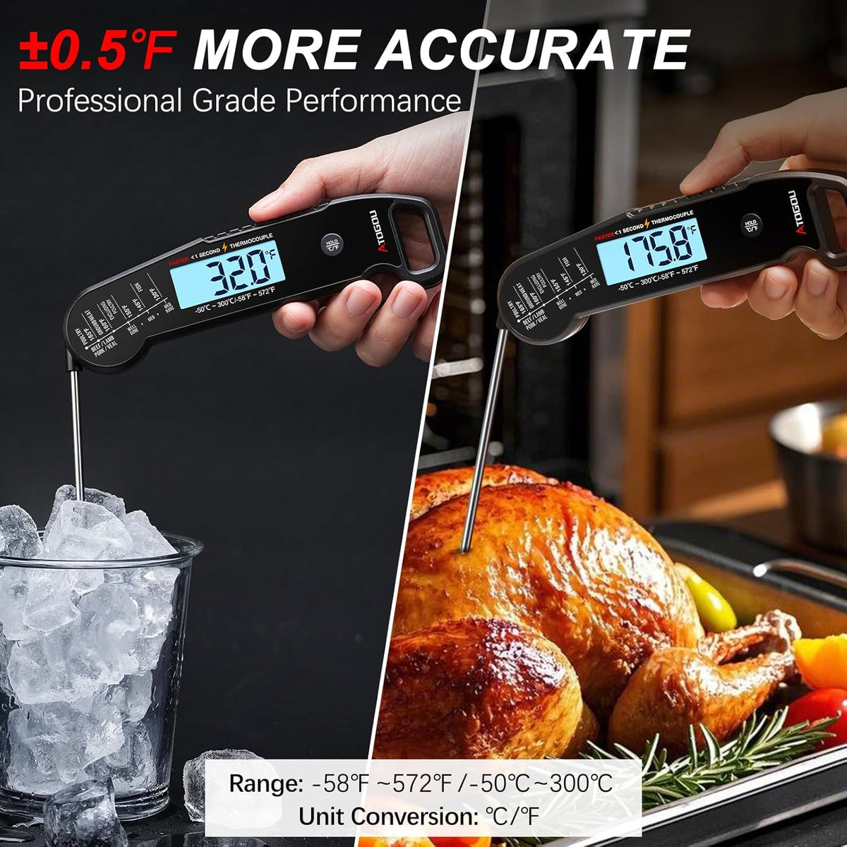 Professional Food & Meat Thermometer, 1 Sec Instant Read & ±0.5℉ Accuracy Driven by Thermocouple Sensor. IP67 Waterproof Digital Thermometer for Cooking, BBQ, Grill Gifts for Men Him Dad Birthday