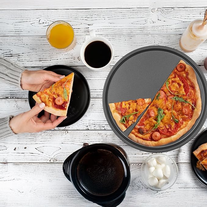 DecorRack 13 Inch Carbon Steel Pizza Pan, [Premium] Non-Stick Coating, Commercial Grade, Serving Tray, Heavy Duty Round Baking Tray for Oven Use (2 Pack)