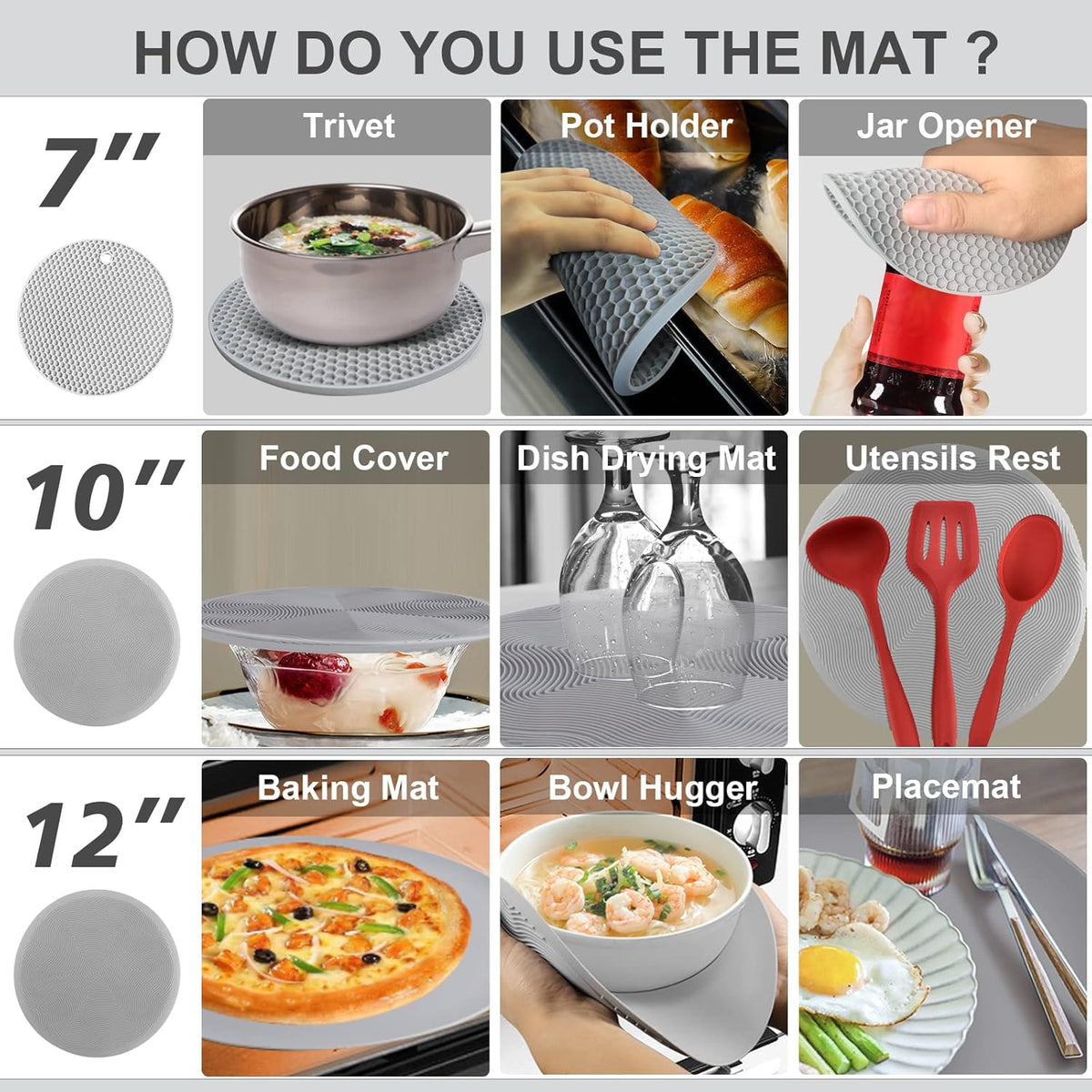4 in 1, KooMall Trivets for Hot Dishes Pots and Pans & Multi-Purpose Microwave Mat, Silicone Hot Pads for Kitchen Counter, Quartz Countertop Hot Plates Protectors, Heat Resistant, Gray 12'' 10'' 7''