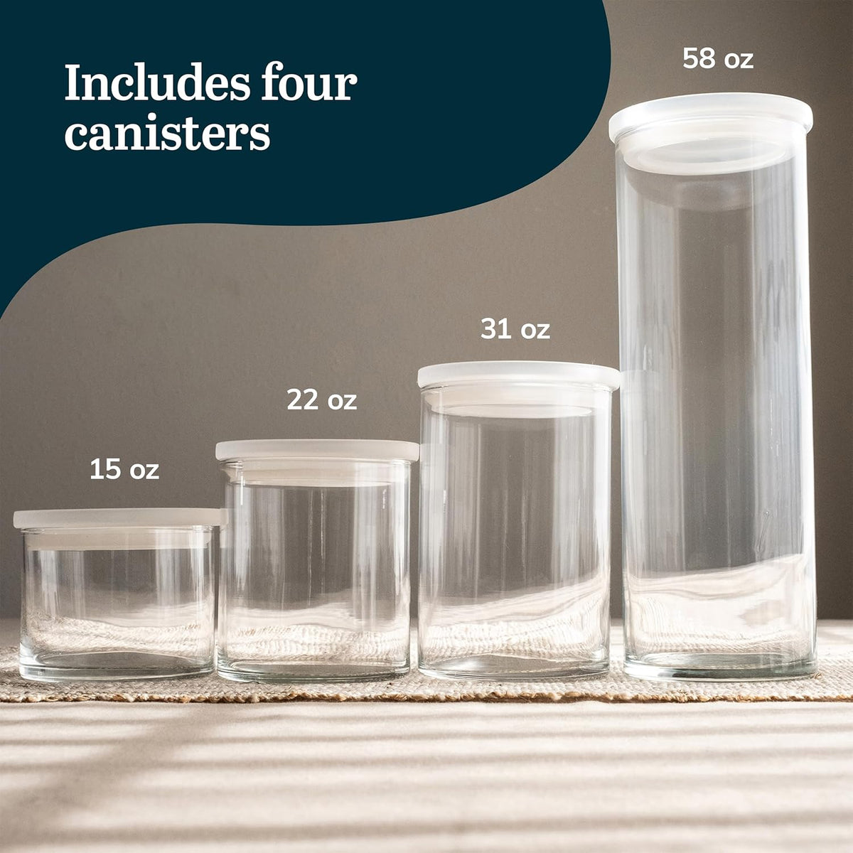 Libbey Stacking Cylinder Assorted Storage Jars, Stackable Glass Jars Set of 4, Airtight Plastic Lids, Dishwasher Safe Food Jars for Storing Dry Goods