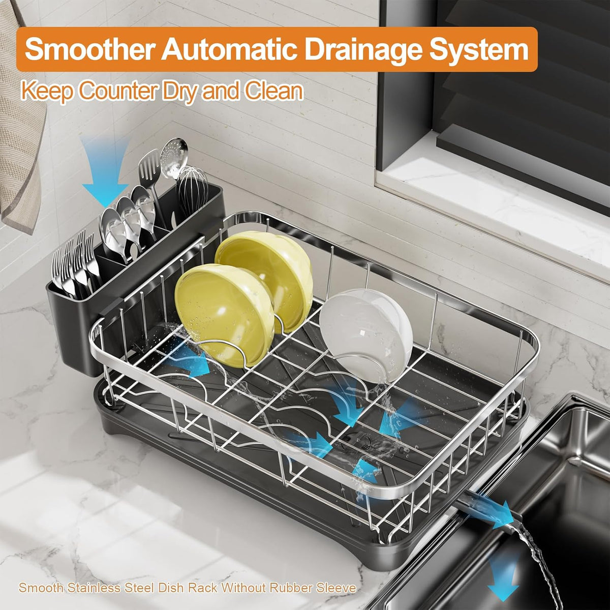 Stainless Steel Dish Drying Rack – 304 Grade Dish Racks for Kitchen Counter with Utensil Holder & Adjustable Spout, Space-Saving Organizer, 16.5" x 11.8" x 5.3" Black