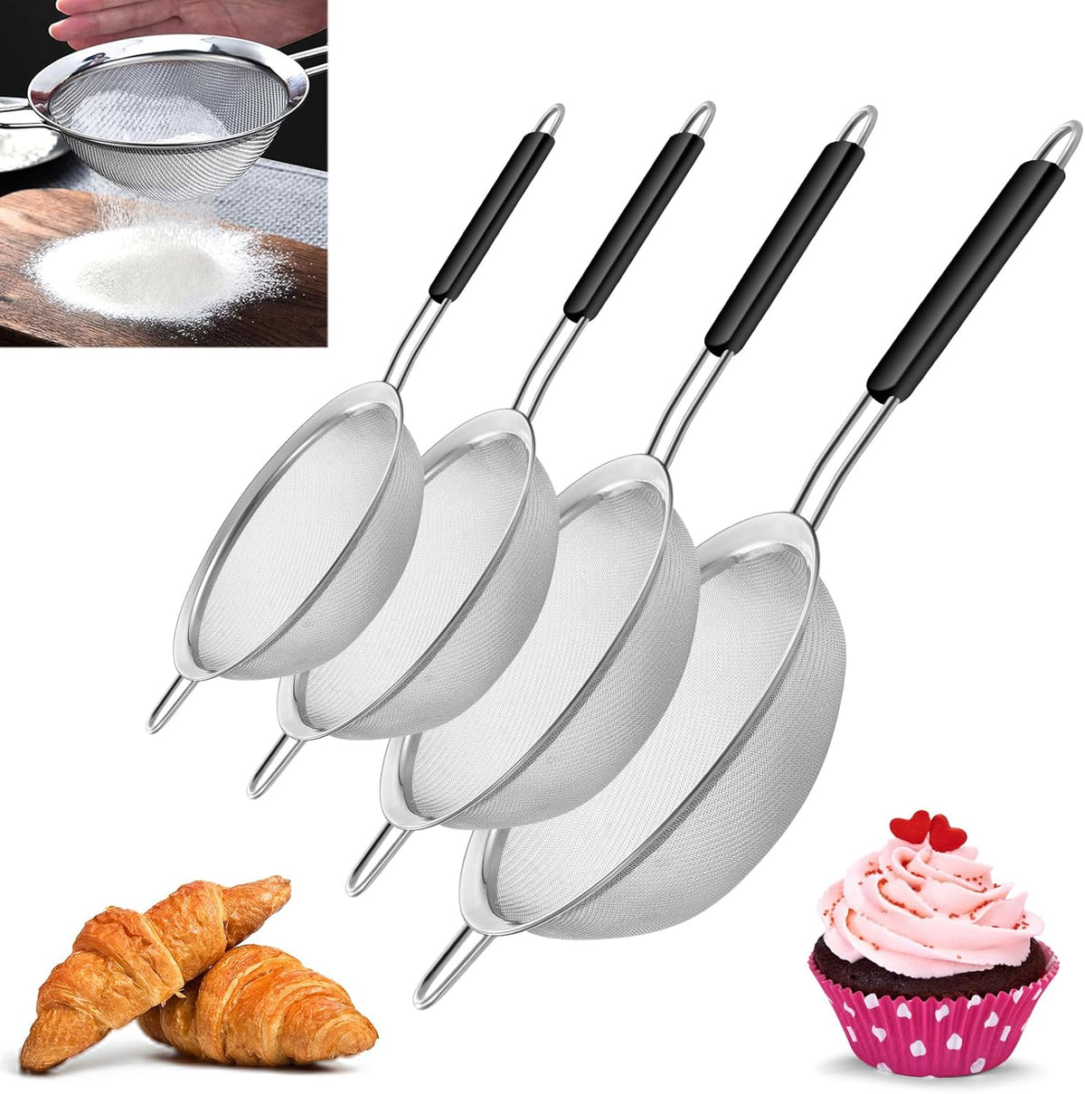 Yimi Fine Mesh Strainers Skimmers Set of 4, Stainless Steel Sieve Strainer Wire Sifter Colanders with Anti-Scald Handle,Kitchen Utensil Ideal for Strain Pasta Quinoa Rice, Ideal for Gift