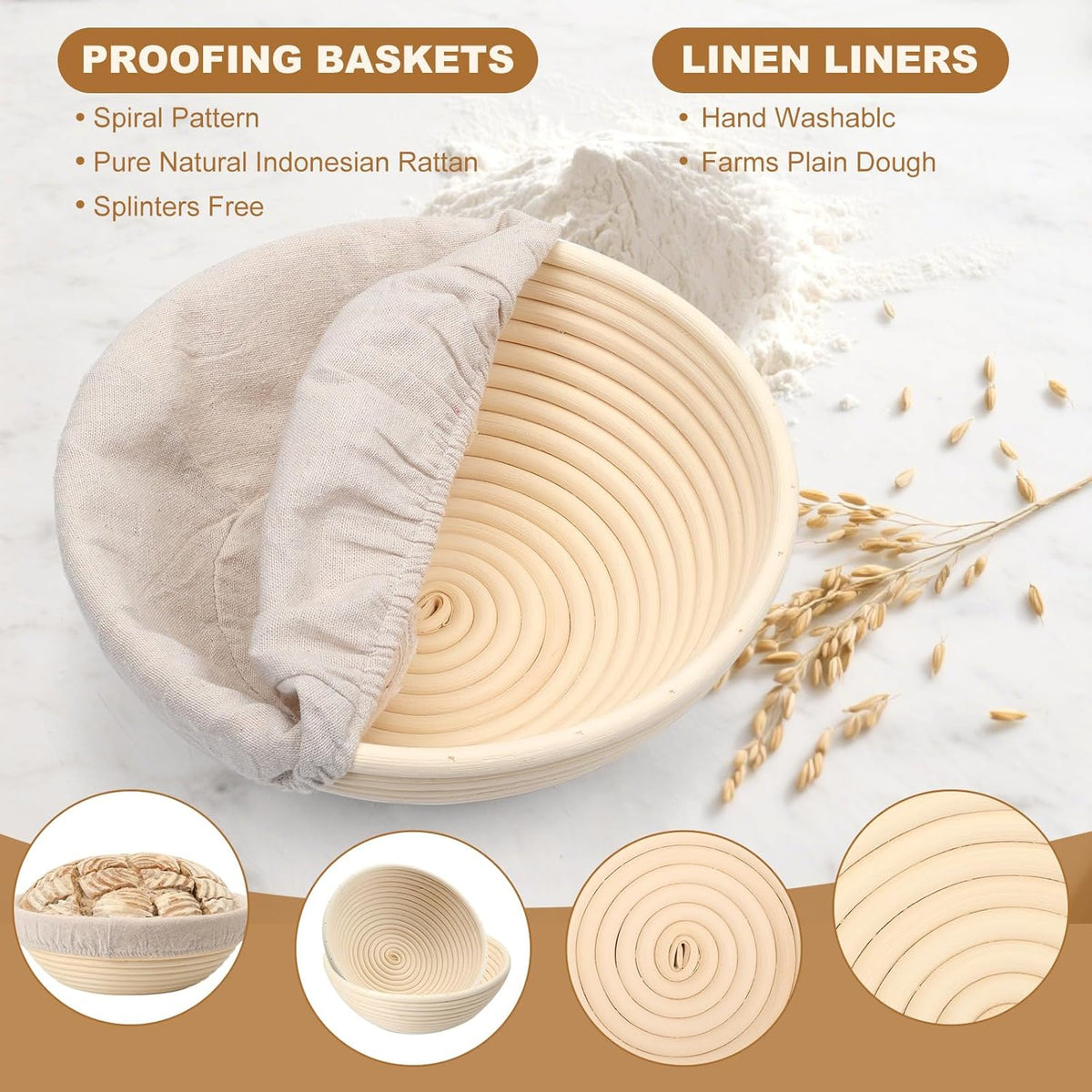 Banneton Bread Proofing Basket Set of 4PCS 6 Inch Round Sourdough Dough Proofing Bowls for Sour Dough Bread Baking Supplies, Proofing Basket or Home Sourdough Bakers Baking