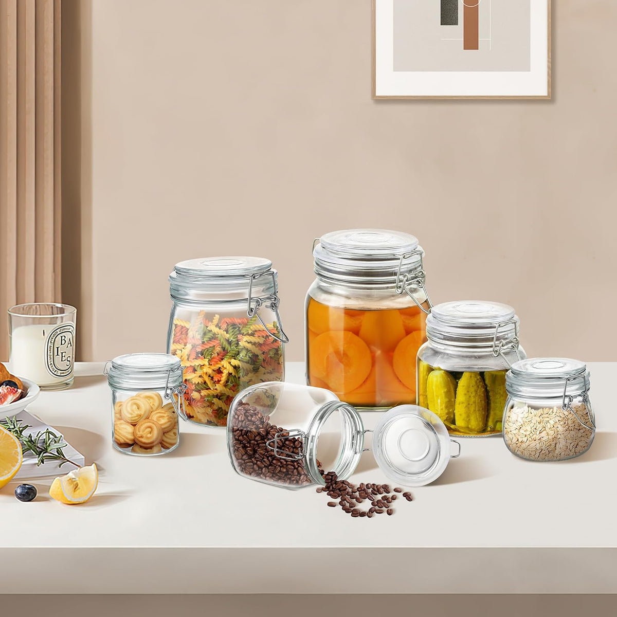 Glass Food Storage Jars with Airtight Lids 34 oz Square 4 Pack Kitchen Storage Containers Large Cabinet Canisters Sealed Pot Canning for Pasta, Cereal, Coffee, Beans, Spice