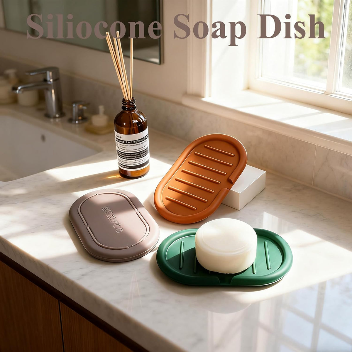 Self-Draining Oval-Shaped Silicone Soap Dish, Soap Holder/Tray/Saver for Shower, Bathroom, Kitchen, Keep Soap Dry, Easy to Clean (2, Dark Color)