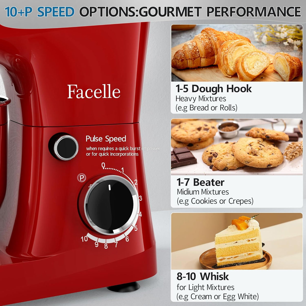 Facelle Stand Mixer, 10-Speed 6QT Kitchen Electric Mixer, Tilt-Head Food Mixer with Beater, Dough Hook, Wire Whip and Egg Separator, scraper for Most Home Cooks - Red