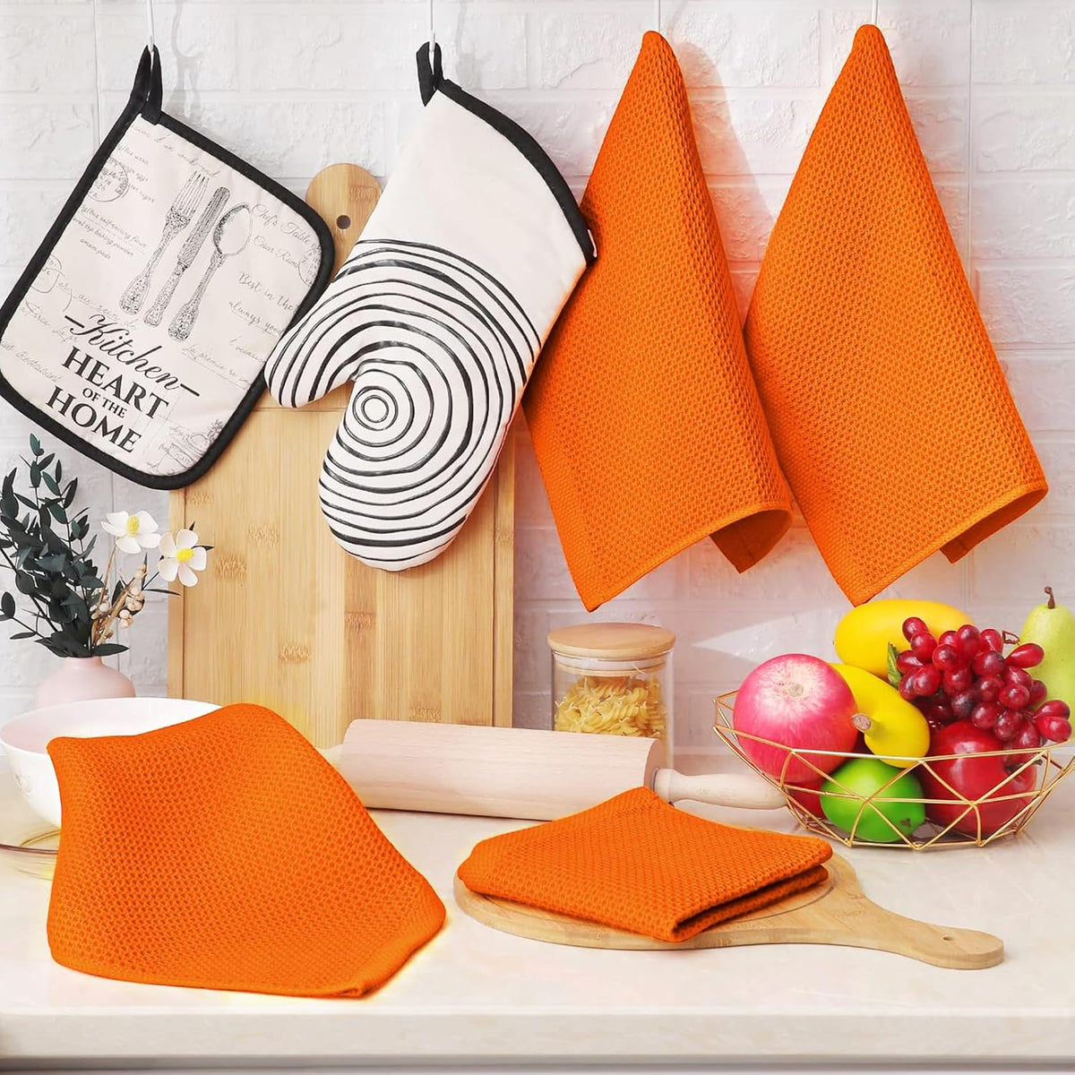 Homaxy 100% Cotton Waffle Weave Kitchen Dish Cloths, Ultra Soft Absorbent Quick Drying Dish Towels, 12 x 12 Inches, 8-Pack, Orange
