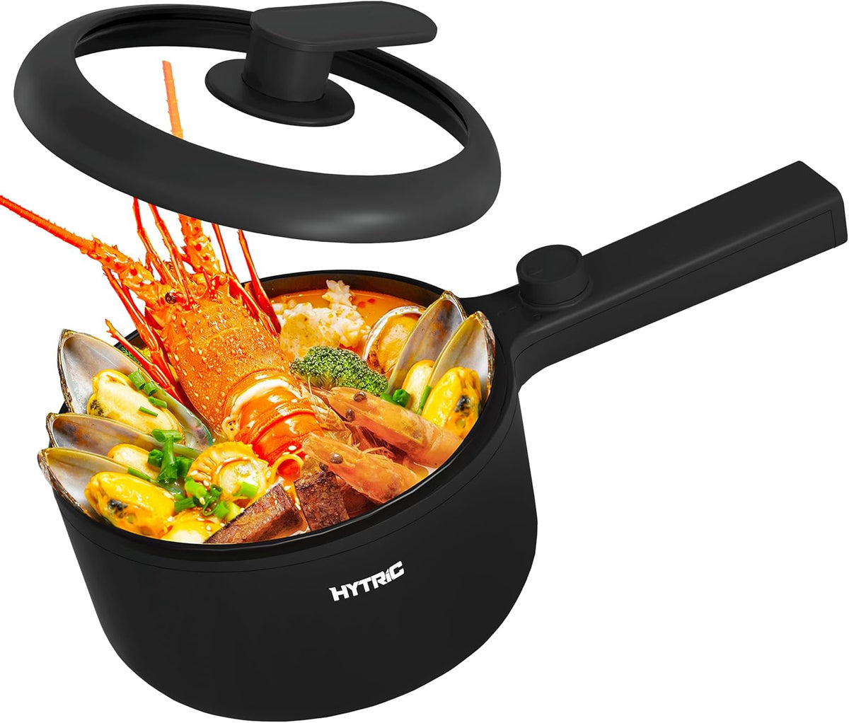 HYTRIC Hot Pot Electric, 1.5L Portable Non-stick Frying Pan, Electric Cooker for Steak, Egg, Pasta, Ramen Cooker with Dual Power Control, Mini Electric Pot for Office, Dorm Room Essential, Black