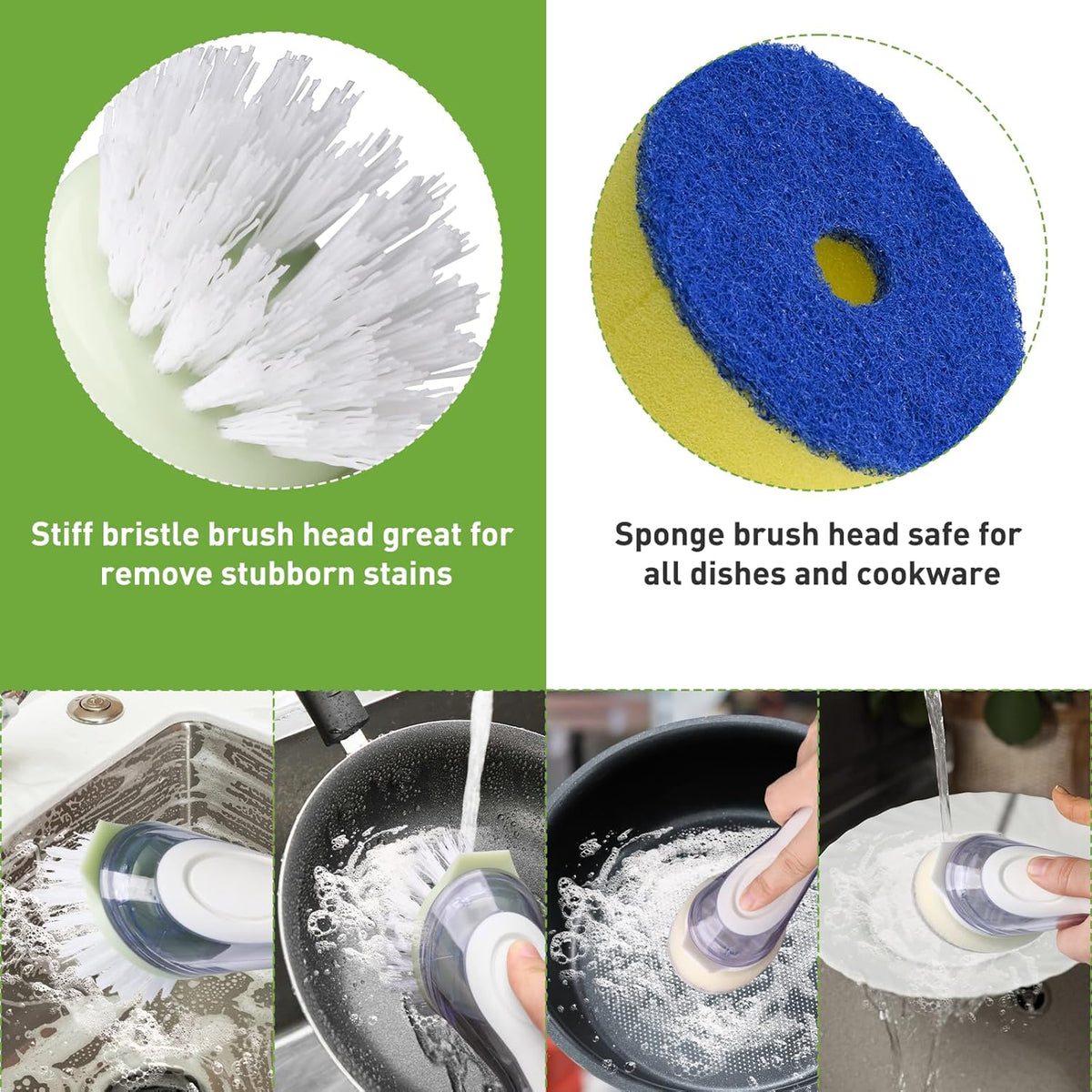 Soap Dispensing Dish Brush, 2 Dish Wand & 4 Brush Refills, Dish Scrub Brush with Soap Dispenser, Dish Soap Brush for Dishes, Pans, Sink, Pots