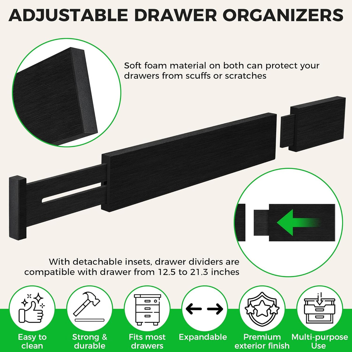 Bamboo Drawer Dividers Organizer with Inserts, Expandable from 12.5-21.7", Adjustable Drawer Organizer Separators for Utensils, Dresser, Bedroom, Bathroom, Closet, Clothing, Office (Black)