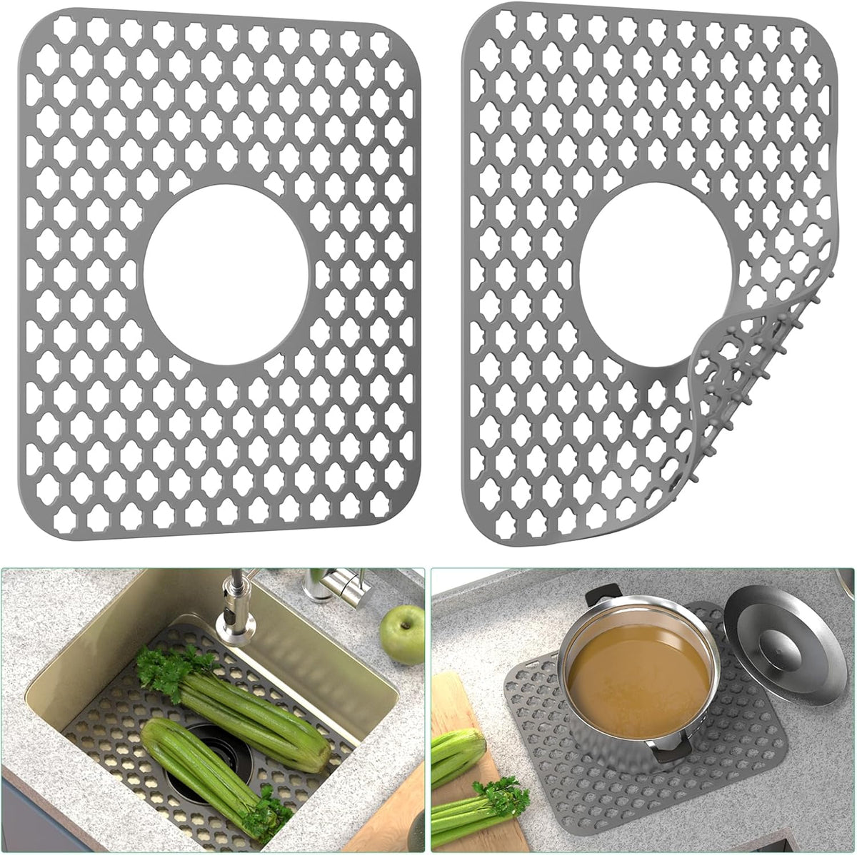 TOOVEM Kitchen Sink Mats, 2PCS Non-Slip Heat Resistant Silicone Sink Protector Mat, Folding Farmhouse Rear Drain Sink Mats, Center Drain, Grey