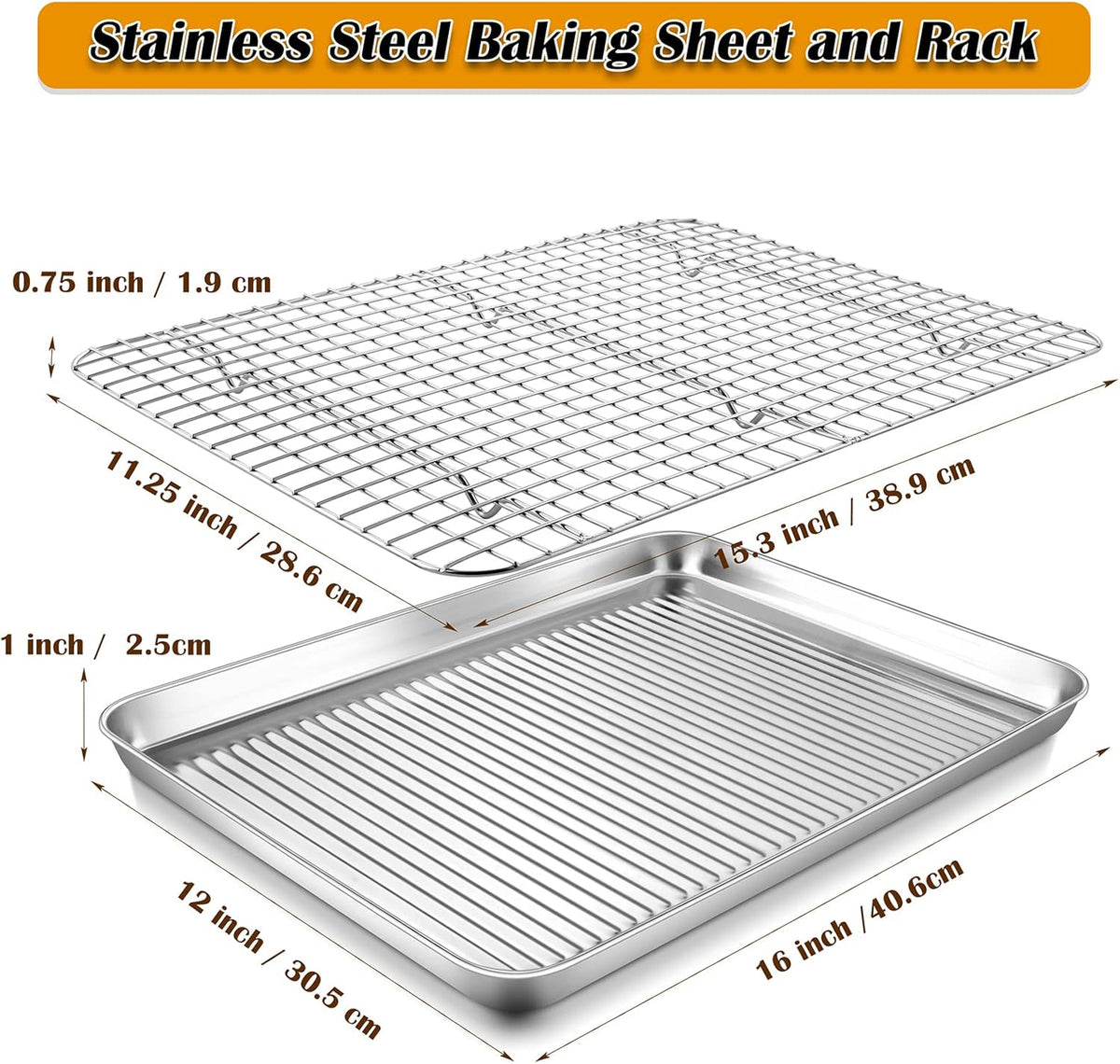 P&P CHEF Baking Oven Pan with Wire Rack, Stainless Steel Baking Oven Sheet Tray, Bacon Pan and Cooling Rack for Cooking Roasting Cookie, Dishwasher Safe & Easy Clean, 16 x 12 x 1 Inch
