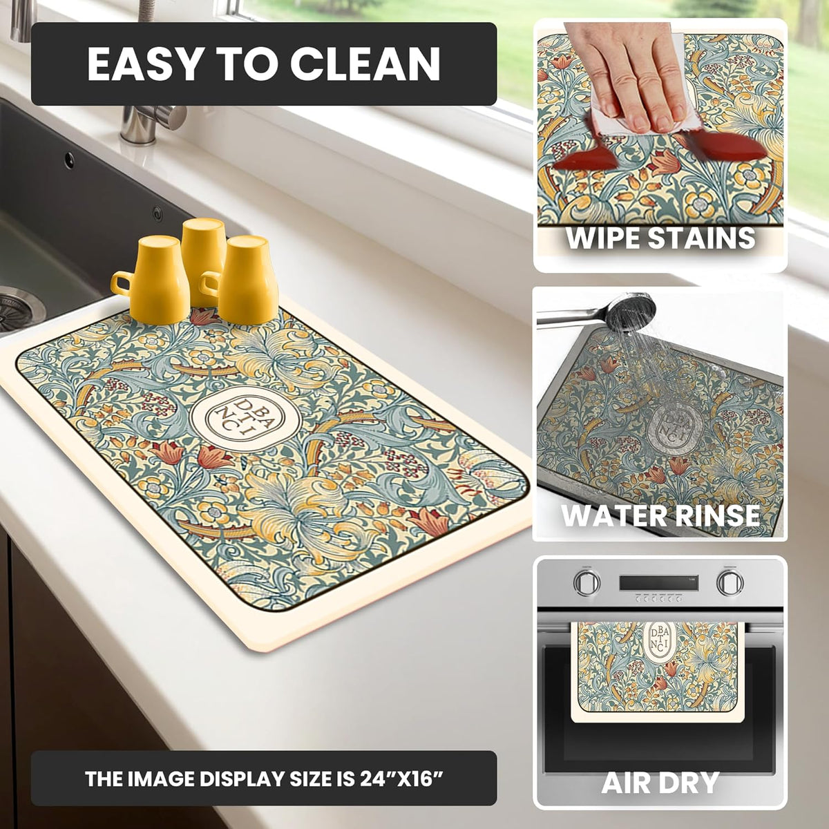 Dish Drying Mat Super Absorbent – 16" x 18" Coffee Mat for Countertops – Non-Slip Drying Mat for Kitchen Counter – Easy to Clean Water Absorbent Mat – Quick Dry Dish Mats (Botanic Garden)